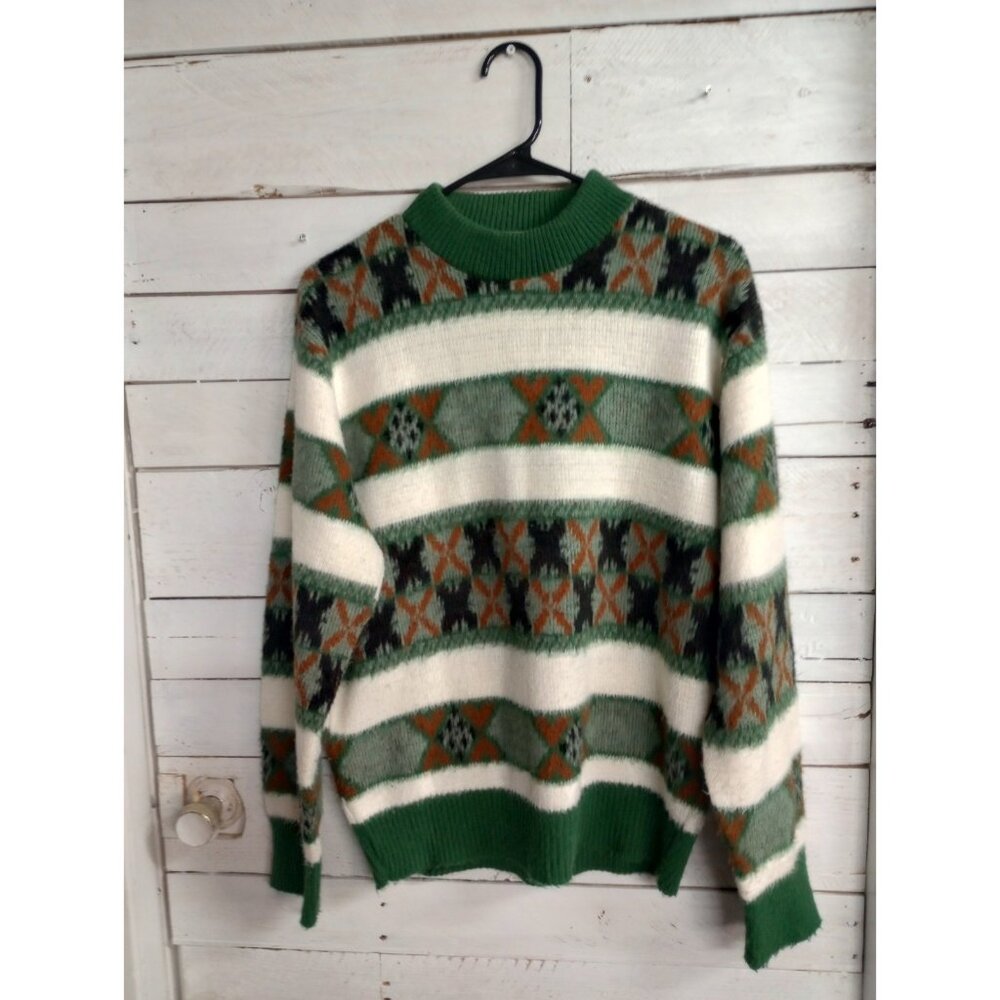 Barclay Vintage Knit Sweater Large Green White Nordic Ski Lodge Unisex Cozy USA